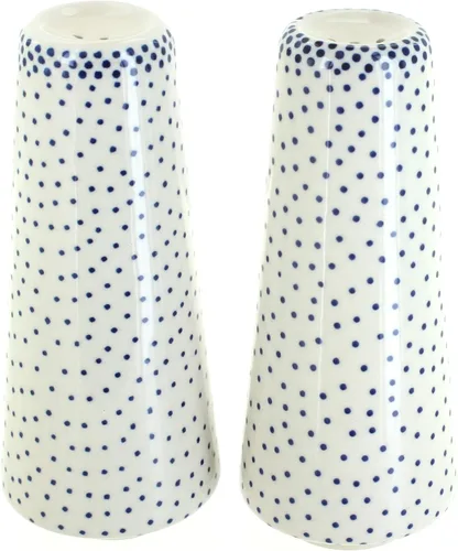 Blue Rose Polish Pottery - Salero y pimentero pequeños con puntos azules - 15 cm de alto - Juego de condimentos de cerámica pintado a mano para la