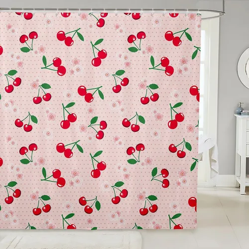 Feelyou Accesorios impermeables de baño de cereza roja con 12 ganchos, cortina de ducha de frutas de dibujos animados para niñas, mujeres y niños,