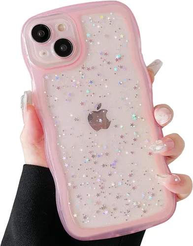 Miniatura 13 de Qokey Funda para iPhone 12 Pro Max de 6.7 pulgadas, diseño de onda rizada, borde transparente, brillante con purpurina, estrella brillante, bonita