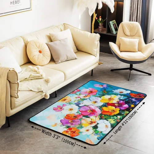 Miniatura 3 de Alfombra retro floral bohemia para sala de estar, alfombra de área de 5 x 7 pies para niños, pintura al óleo y flores, alfombra decorativa