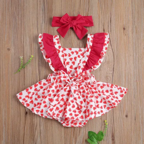 Miniatura 2 de Mono para bebé niña de San Valentín con mangas sin espalda y estampado de corazón con diadema