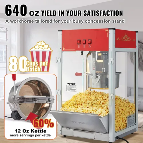 Miniatura 3 de VEVOR Máquina comercial de palomitas de maíz, hervidor de 12 onzas, máquina de palomitas de maíz para encimera de 1440 W para 80 tazas por lote