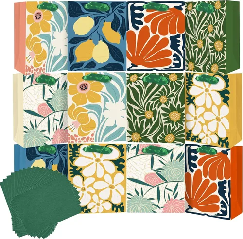qiqee Clash Flowers - Bolsas de regalo de papel con asas de papel de seda, 12 piezas de 2.4 x 4.7 x 6.3 pulgadas, tamaño pequeño (12 bolsas + 24