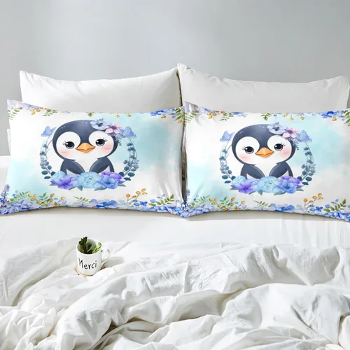 Miniatura 5 de Manfei Juego de funda de edredón de pingüino de dibujos animados para niños, tamaño King, bonito juego de ropa de cama de animales de poste ártico