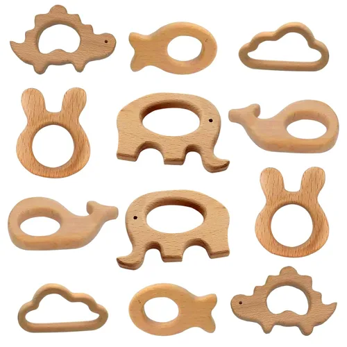 12 piezas de juguetes mordedores para bebés, mordedores de madera para bebés, juguetes de animales de madera, anillos de dentición, juguetes