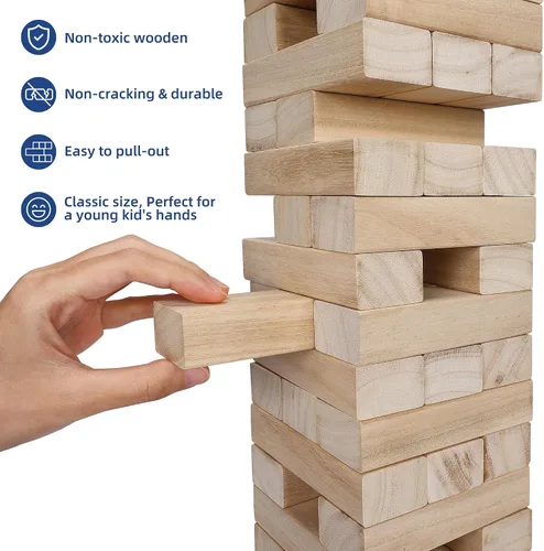Miniatura 6 de Offelec Juegos de Bloques de Torre Tambaleante, Juego de Apilamiento de Bloques de Madera Grandes para Niños Adultos Familia, Juegos de Mesa