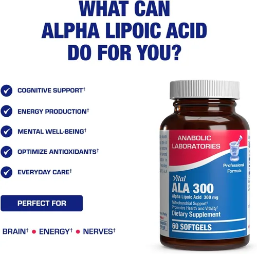 Miniatura 5 de Ácido alfa lipoico 300 mg – Fórmula clínica ALA Suplemento para hígado ojo cerebro mitocondrias energía antioxidante y apoyo nervioso – Cápsulas