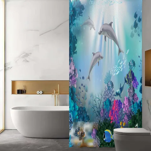 Miniatura 2 de Yeele Cortina de ducha con diseño de delfín, diseño de animales submarinos, tropical, con temática de vida silvestre, océano, azul, para baño
