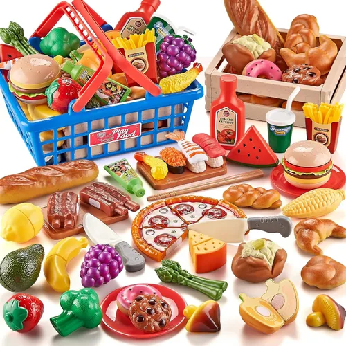 Juegos de comida para cocina de niños, cocina global para niños pequeños, juguetes de comida falsa para cortar incluyendo pizza, sushi y pastelería,