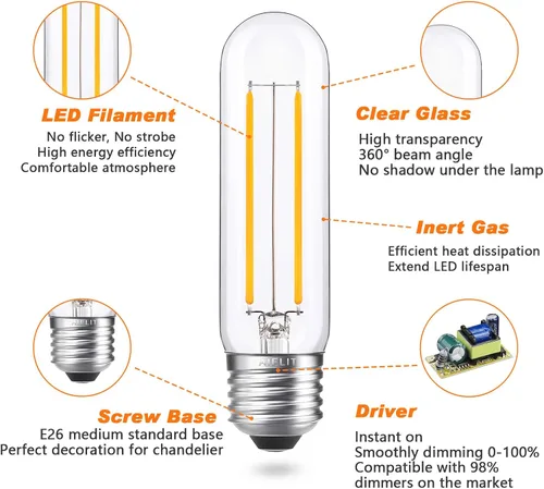 Miniatura 7 de Bombilla LED E26 regulable equivalente a 25 W, blanco cálido 2700 K, 200 lúmenes, bombillas tubulares LED vintage de 2 W T10/T30, bombilla Edison