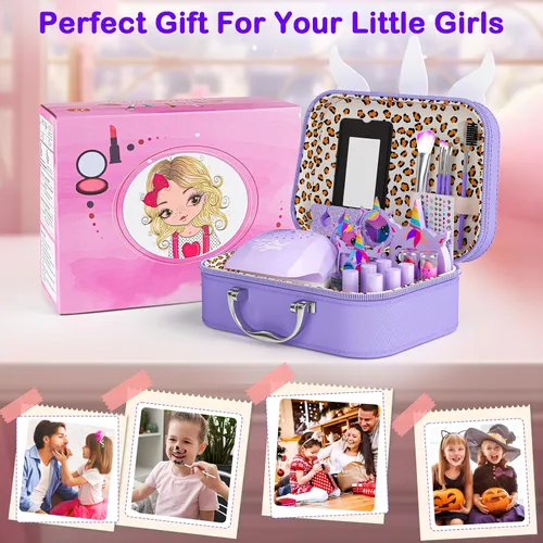 Miniatura 7 de Kit de Maquillaje para Niñas - 2 en 1 Juguetes de Maquillaje Lavable para Niños y Kit de Arte de Uñas con Estuche Cosmético de Unicornio, Maquillaje