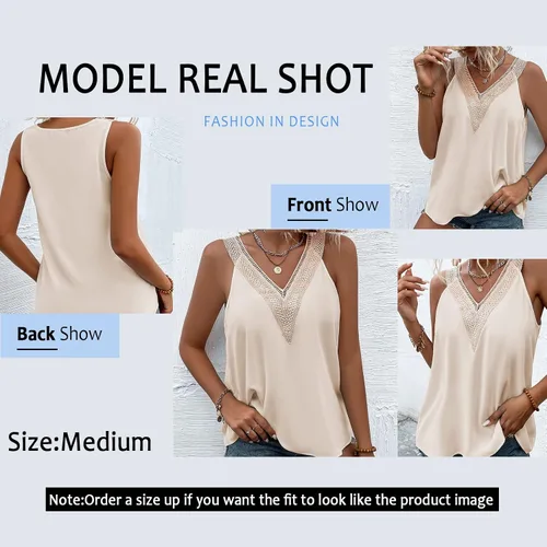 Miniatura 3 de Camiseta sin mangas con encaje de guipur con cuello en V profundo para mujer, blusa sin mangas