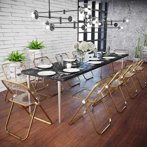 Miniatura 2 de LeisureMod Juego de 2 sillas plegables modernas de acrílico transparente Silla de escritorio con marco de metal dorado Cómoda silla decorativa