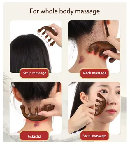 Miniatura 4 de Peine de madera para masaje Gua Sha, peine de dientes anchos para cuero cabelludo, facial, masaje corporal, masajeador de sándalo natural