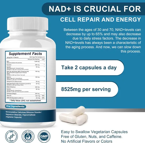 Miniatura 7 de Suplemento NAD+, 8525mg Refuerzo NAD Liposomal con Resveratrol NAD Plus con Coptisina, Quercetina, Curcumina, Apoya la Salud Celular, Fuerza Física