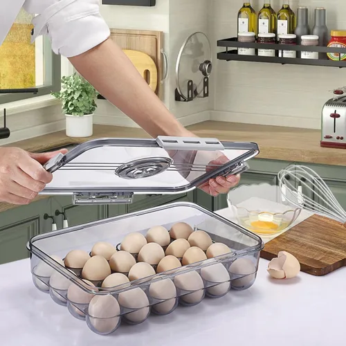 Miniatura 4 de BSTKEY Soporte para huevos para refrigerador, contenedor de huevos con escala de tiempo, soporte para huevos con tapa para almacenamiento de cocina