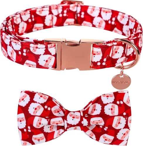 DOGWONG Collar de Navidad para perro con corbatín, collar de perro de Papá Noel rojo, suave, duradero, ajustable, de algodón, para perros pequeños,