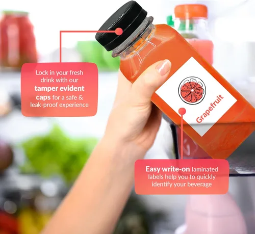 Miniatura 4 de Reli. Botellas de plástico para jugos [48 unidades] Botellas cuadradas de plástico para jugo de 8 onzas con tapas y etiquetas adhesivas