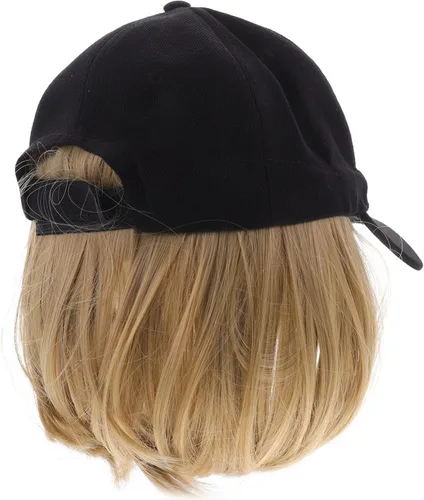 Miniatura 2 de Lurrose Gorra de béisbol con extensiones de cabello, peluca corta y recta, peluca sintética adjunta, peluca de fijación rápida para mujer, Amarillo