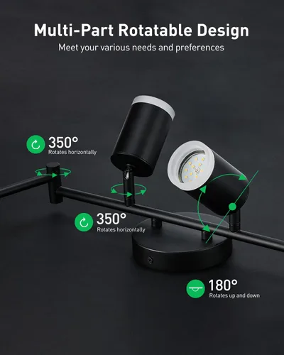 Miniatura 4 de Bojim Kit de Iluminación de Riel de 6 Luces Negras, Modernos Accesorios de Iluminación LED de Riel para Techo, Cabezal de Luz LED Flexiblemente Negro