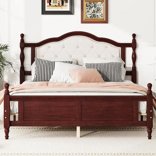 Miniatura 3 de Flieks Cama de plataforma tamaño Queen, cama de madera de pino con cabecero y estribo tapizados, con dos pies de soporte de riel de cama y pies