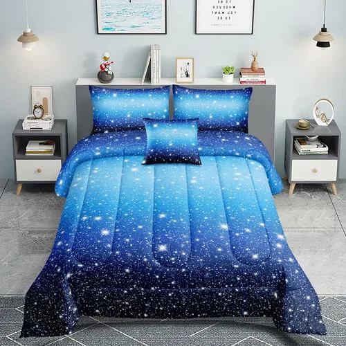 ROWADALO DJT-GB5002-Juego de edredón de 5 piezas con brillo degradado azul con purpurina brillante, juego de ropa de cama de 5 piezas en una bolsa