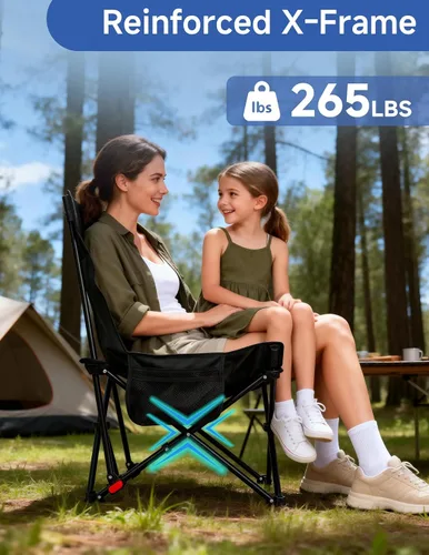 Miniatura 5 de Silla de campamento reclinable, silla plegable ajustable con respaldo de 100° a 140°, marco en X resistente que soporta 265 libras, respaldo