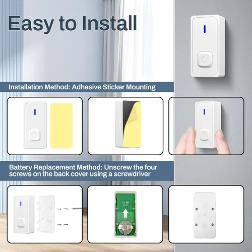 Miniatura 8 de BN-LINK Timbre inalámbrico con 2 botones, mini timbre de puerta impermeable, fácil instalación, rango de 1000 pies, volumen ajustable y 58 Blanco