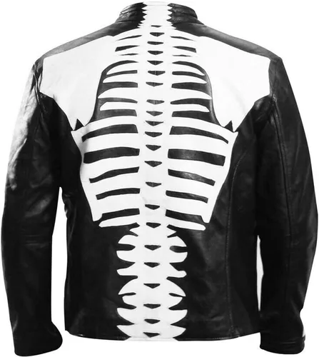 Miniatura 4 de Chaqueta de cuero negro de motociclista con diseño de esqueleto para hombre