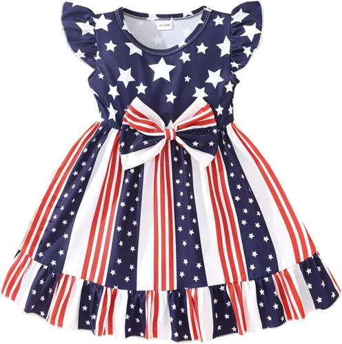 Vestido para niñas del 4 de julio, vestidos de bandera estadounidense, manga con vuelo, ropa patriótica, trajes para el día de la independencia