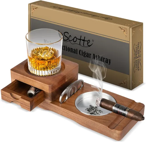Scotte Posavasos Cenicero Bandeja de Vaso de Whiskey y Cenicero de Madera con Cortador de Puros, Incluye Cajón y Ranura para Puros Hogar Oficina