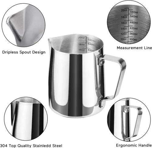 Miniatura 2 de Jarra de espuma de leche de 20 onzas de acero inoxidable - Jarra de crema para vaporizar espresso y café capuchino - Jarra de espuma de leche