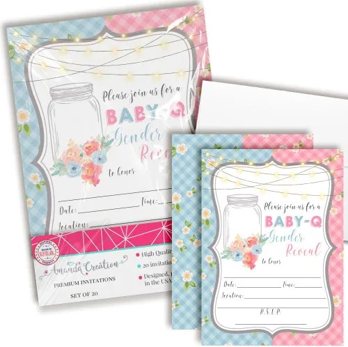 Miniatura 10 de Baby-Q BBQ Gender Reveal Invitaciones – 20 tarjetas temáticas de parrilla y picnic de 5 x 7 pulgadas con sobres, invitaciones de baby shower