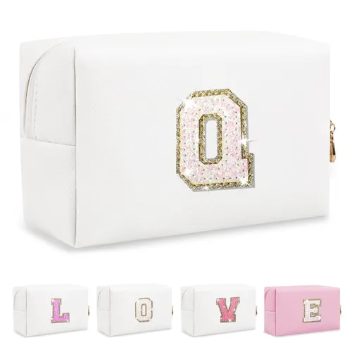 Miniatura 39 de Pequeña bolsa de maquillaje personalizada con inicial A-Z Preppy Patch, bolsa de cosméticos de viaje de felpilla blanca con cremallera, bonita bolsa