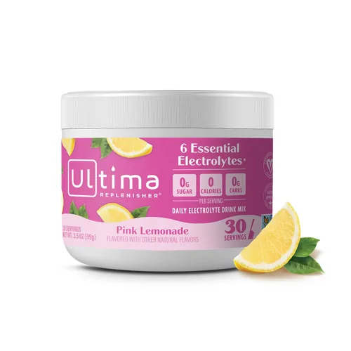 Ultima Replenisher Mezcla diaria de electrolitos en polvo, limonada rosa, recipiente de 30 porciones, polvo de hidratación sin azúcar con 6