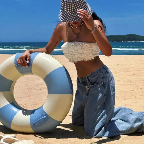 Miniatura 9 de Flotadores inflables de piscina para adultos, paquete de 2 flotadores a rayas, tubos de piscina, anillos de natación con asas, flotador inflable