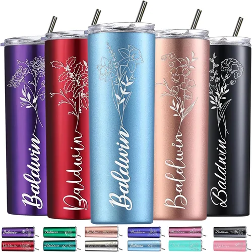Miniatura 14 de Regalos personalizados para mujer, vaso personalizado grabado con flor de nacimiento de 20 onzas, vaso delgado con nombre personalizado con tapas