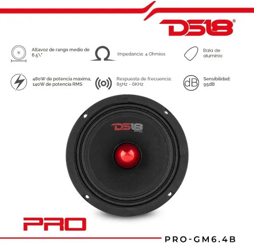 Miniatura 2 de DS18 PRO-GM6.4B - Altavoz de 6.5 pulgadas, rango medio, bala de aluminio roja, 480 W máximo, 140 W RMS, 4 ohmios, altavoces de puerta de audio