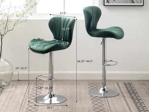 Miniatura 2 de Shell - Juego de 2 taburetes de bar giratorios ajustables con chasis plateado, silla de bar de terciopelo con respaldo medio, taburete de encimera