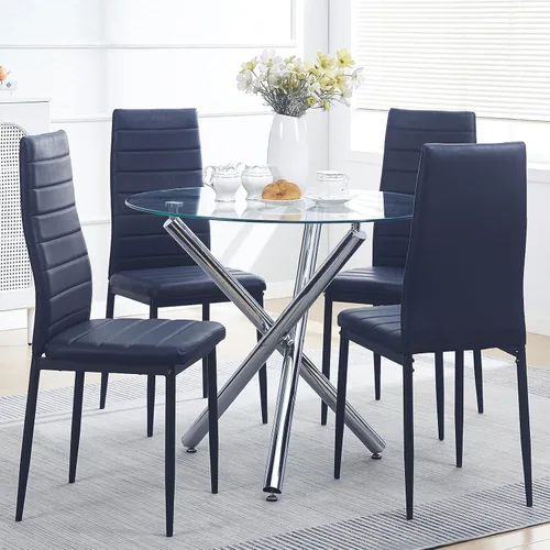 Miniatura 8 de Juego de mesa de comedor redonda negra para 2, mesa de cocina de vidrio templado con 2 sillas de piel sintética, juego de comedor de 5 piezas