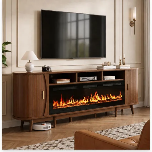 Miniatura 10 de MXV Soporte de TV con chimenea estriada de 70 ″, soporte de TV moderno de mediados de siglo con chimenea de 36 pulgadas para televisores de hasta 80