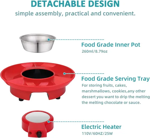 Miniatura 2 de Mini olla eléctrica de chocolate de 8.79 onzas, juego de fondue para fundir con 4 tenedores, bonita fuente de fondue de chocolate, máquina Rojo