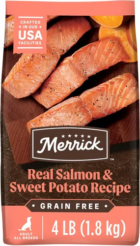 Merrick Alimento seco para perros adultos sin cereales de primera calidad, saludable y natural, croquetas con salmón real y batata, bolsa de 4.0
