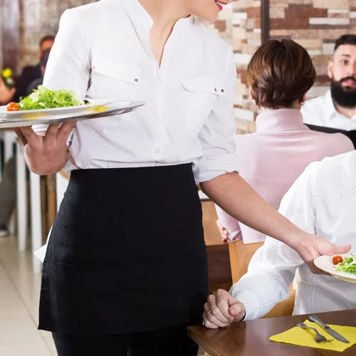 Miniatura 3 de Tosewever Delantales de camarera con 3 bolsillos, delantal de cintura para camarera para mujeres y hombres, restaurante, hogar, negro, medio delantal