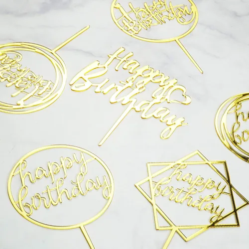 Miniatura 2 de Juego de 6 adornos dorados para tartas, purpurina de doble cara, adornos acrílicos para cupcakes de feliz cumpleaños, decoraciones de cumpleaños