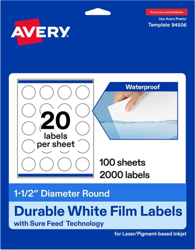 Avery Etiquetas redondas blancas duraderas imprimibles, tecnología de alimentación segura, 1.5 pulgadas de diámetro, impresión hasta el borde,