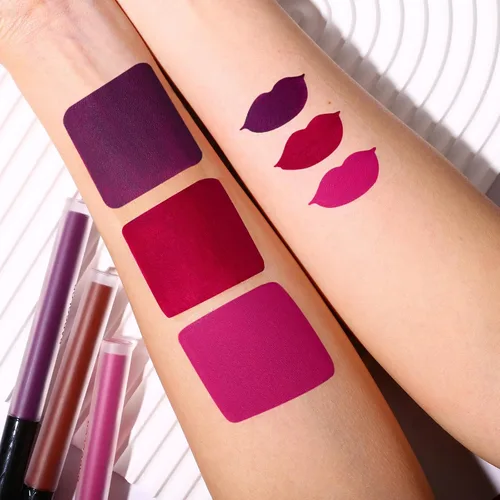 Miniatura 7 de Juego de lápiz labial líquido mate BADCOLOR de 3 colores, maquillaje de Halloween en púrpura, burdeos y rosa roja, juego de brillo labial de alta