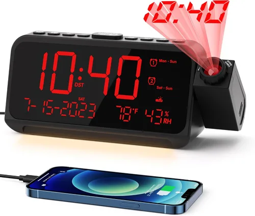 Miniatura 9 de ROCAM Reloj despertador de proyección para techo de dormitorio, reloj digital con proyector de 180° con atenuador de 5 niveles, alarma fuerte dual