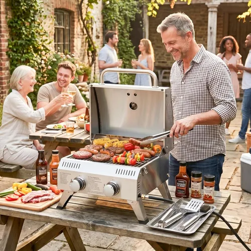 Miniatura 7 de ROVSUN Parrilla de gas portátil de 2 quemadores, 20000 BTU para exteriores, parrilla de propano con encendido, termómetro integrado y cuerpo