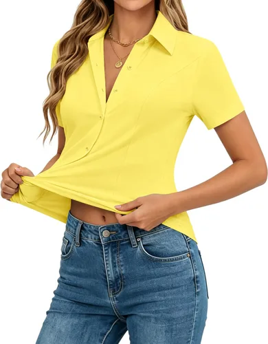 Miniatura 9 de siliteelon Camisas de manga corta con botones para mujer, camisas de vestir elásticas en 4 direcciones, blusa de trabajo ajustada